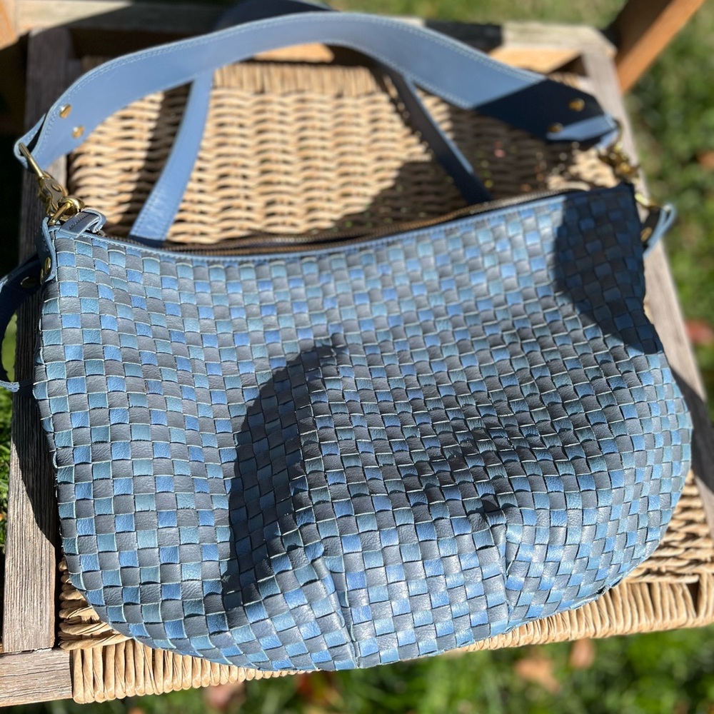Clare V Moyen messenger Denim Blue Hobo Shoulder Bag with Geometric Pattern